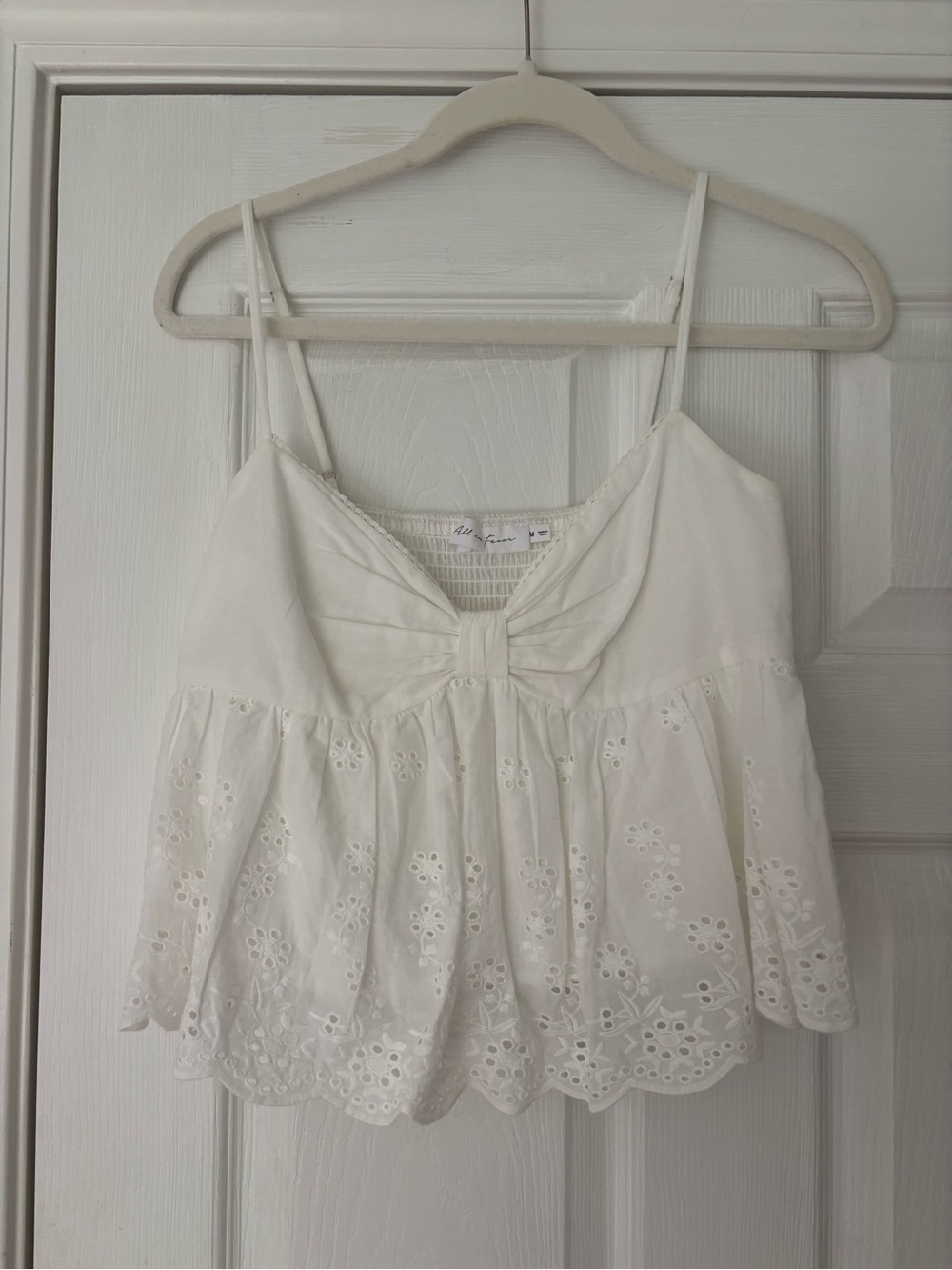 All in Favor White Eyelet Bow-Front Spaghetti Strap Tank